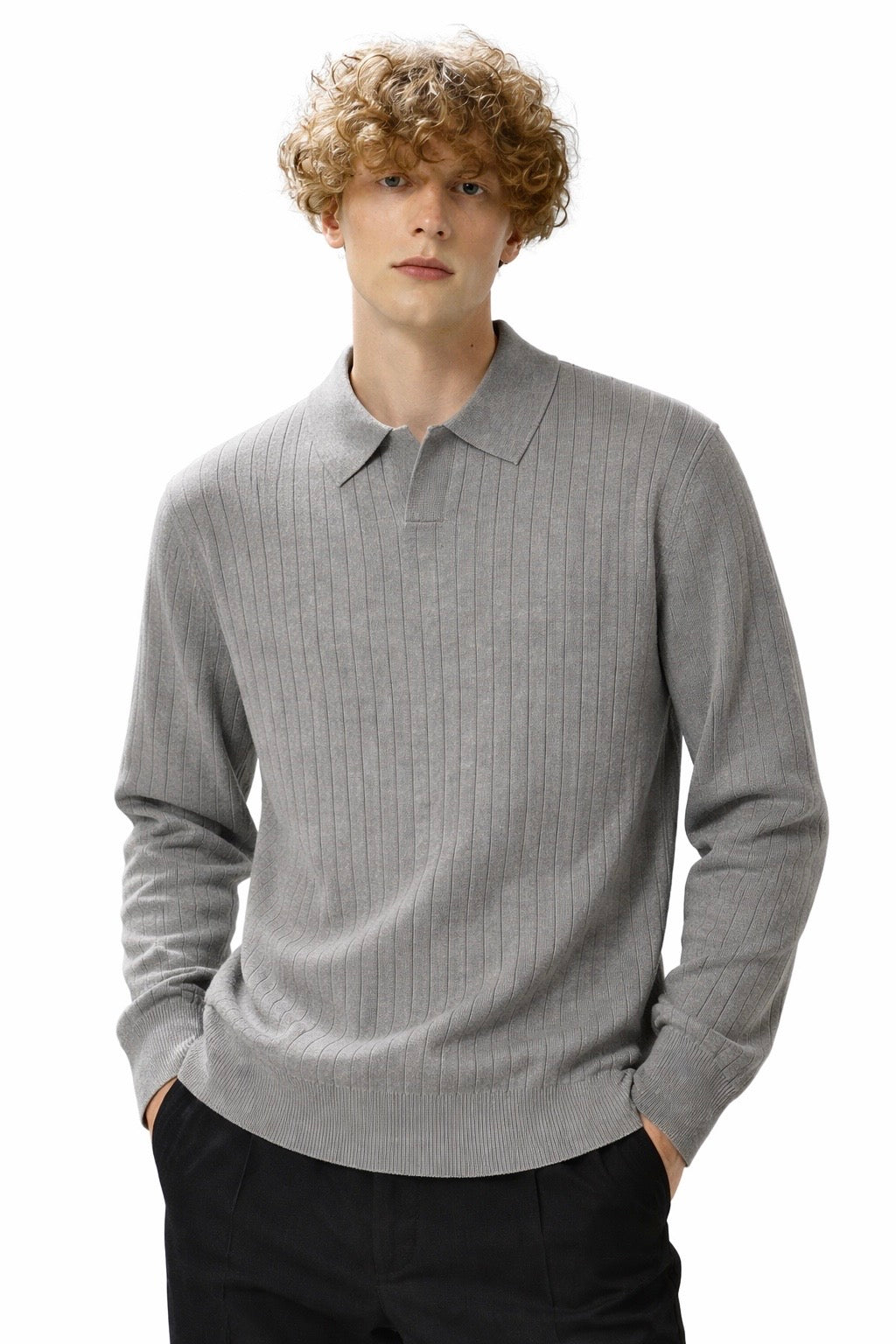 Textured Knit Long Sleeve Polo Shirt for Men