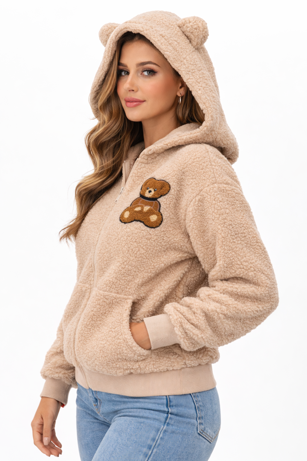 Women’s Teddy Fleece Zip-Up Hoodie with Bear Patch – Cozy Casual Wear