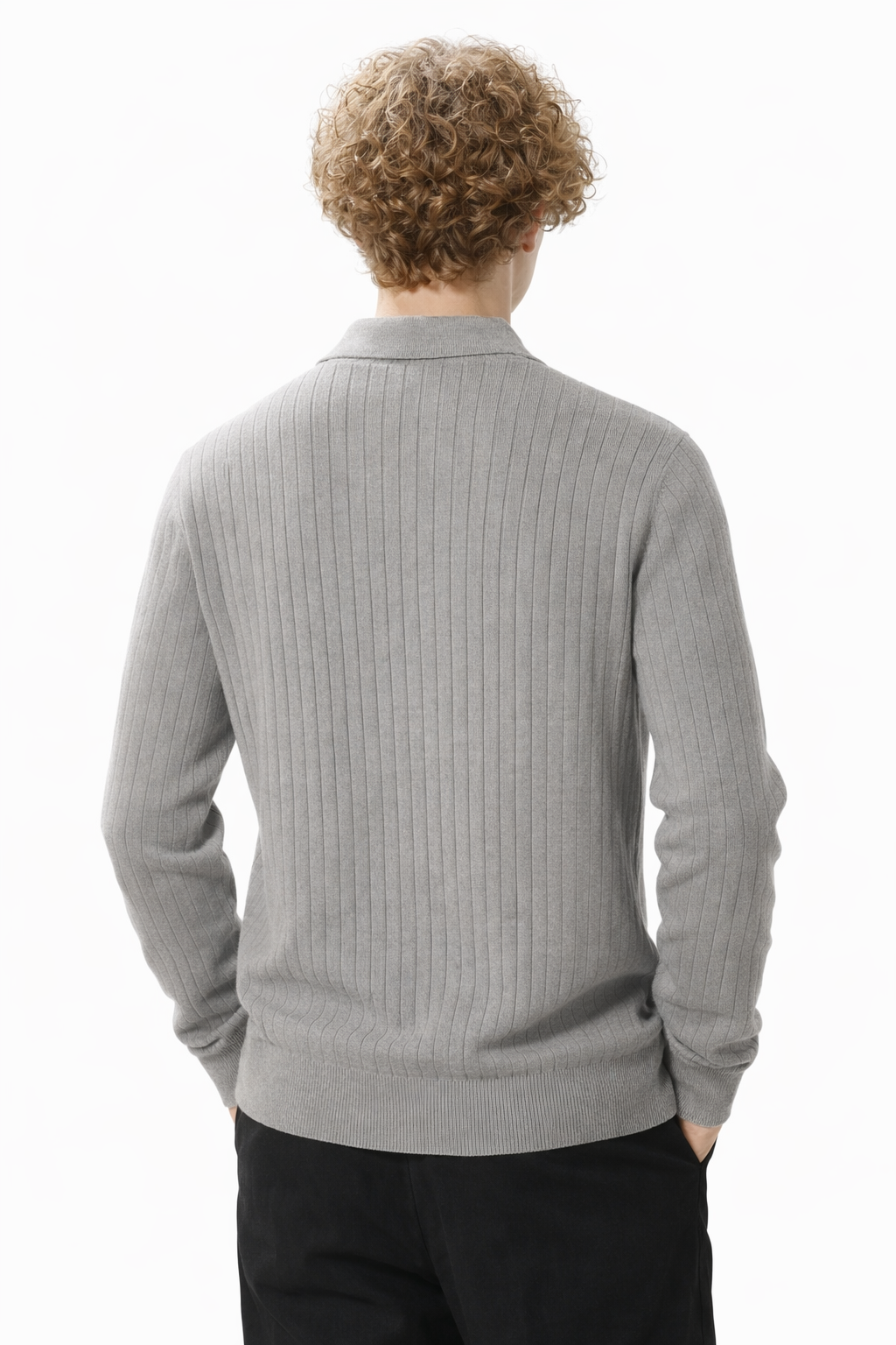 Textured Knit Long Sleeve Polo Shirt for Men