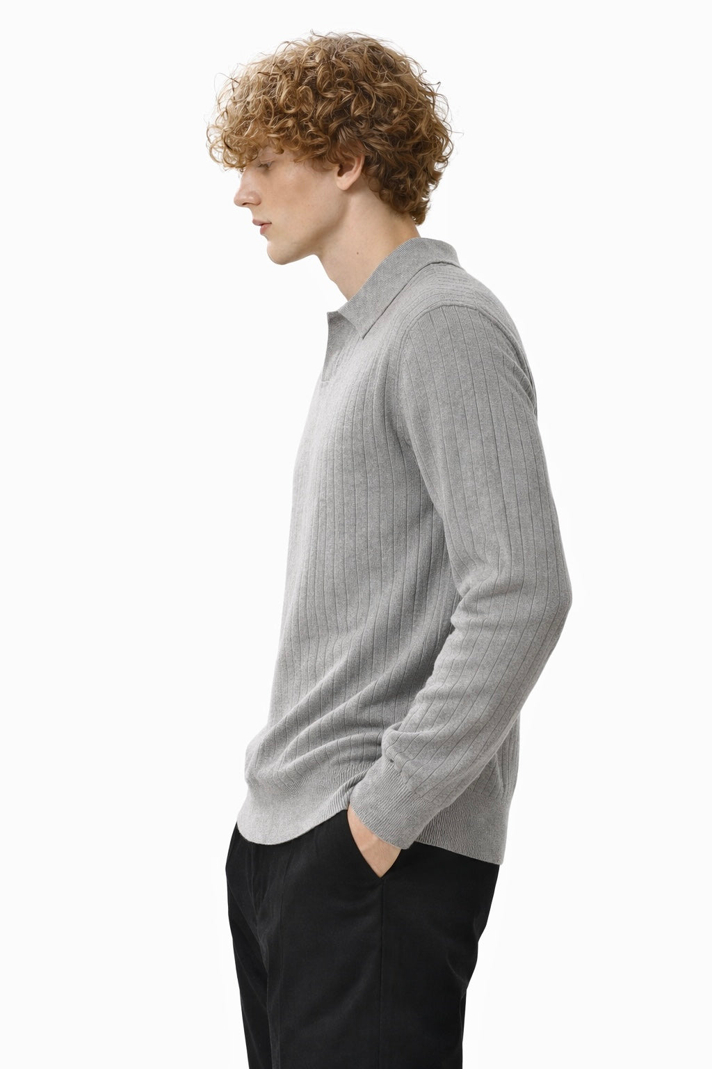 Textured Knit Long Sleeve Polo Shirt for Men