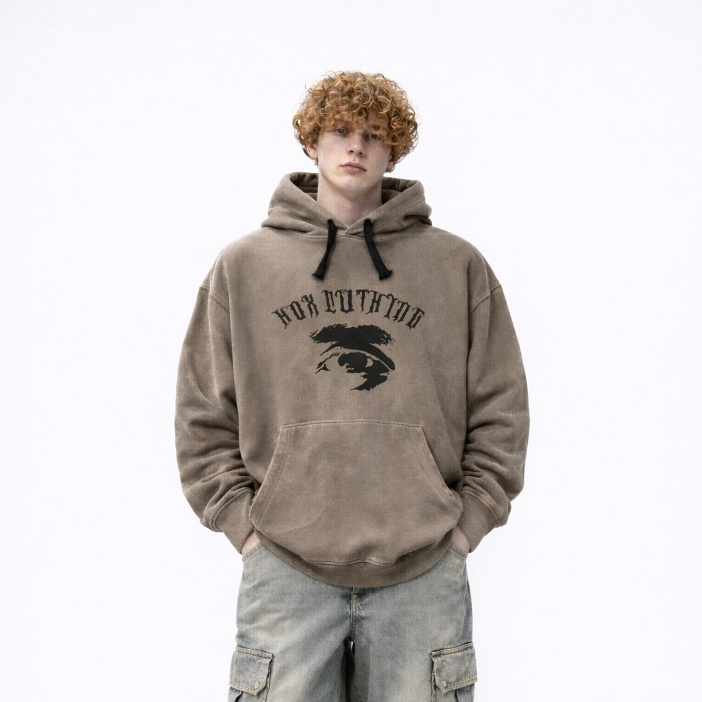 Vintage-Wash Graphic Hoodie – Stone Grey
