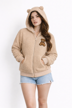 Women’s Teddy Fleece Zip-Up Hoodie with Bear Patch – Cozy Casual Wear