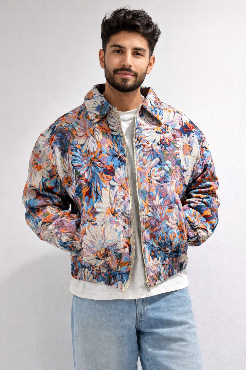 Textured Floral Jacquard Zip-Through Jacket