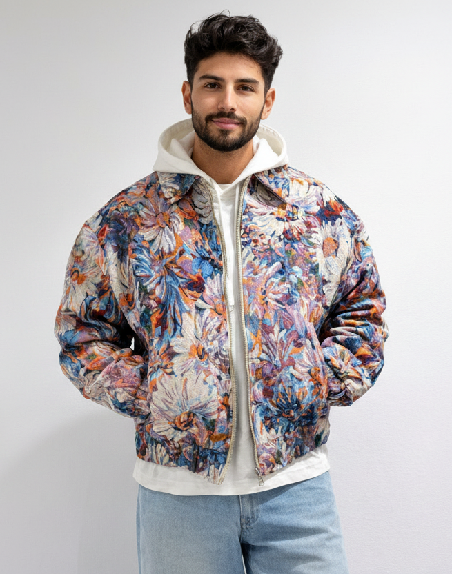 Textured Floral Jacquard Zip-Through Jacket