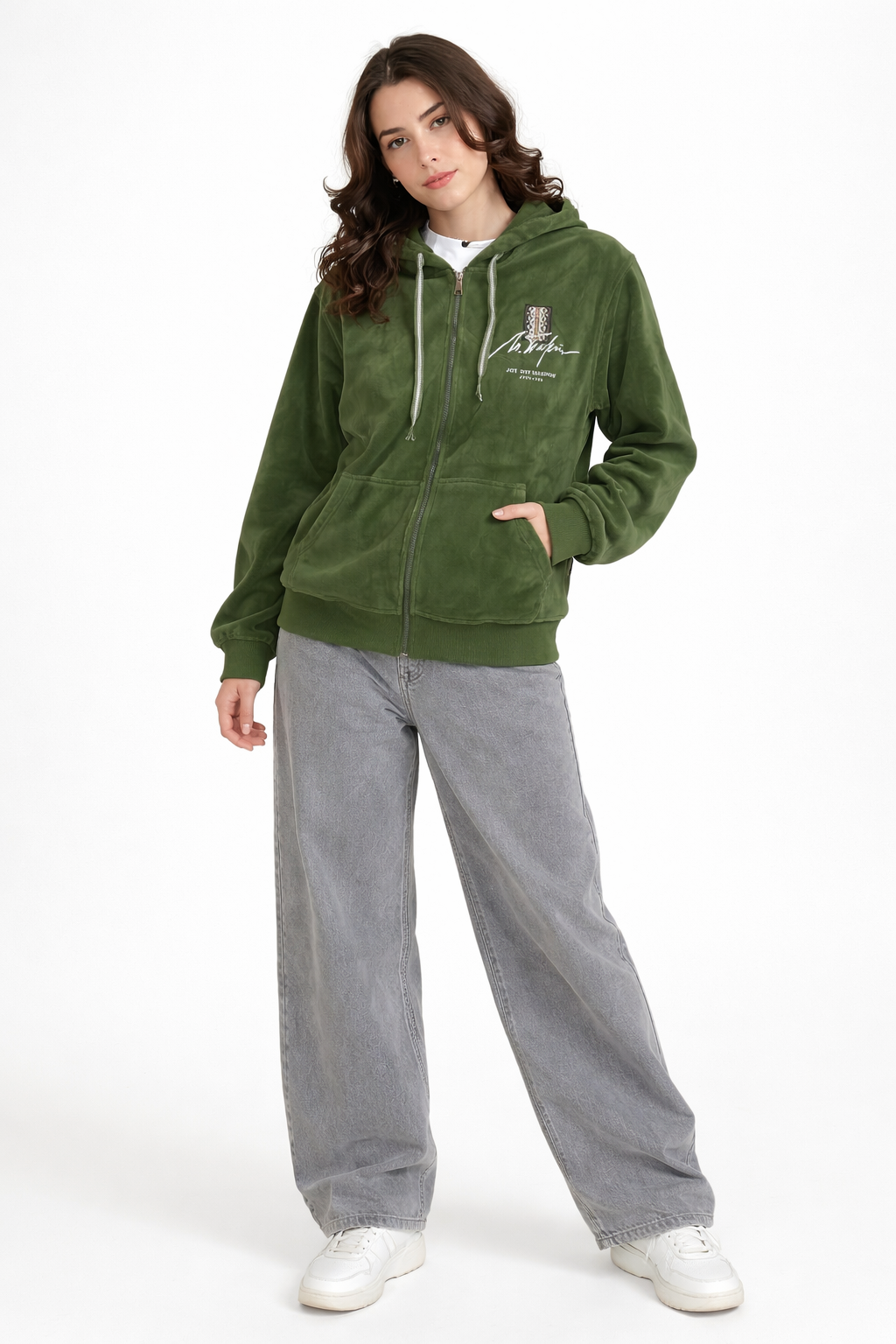 Velour Zip Hoodie with Embroidered Detail
