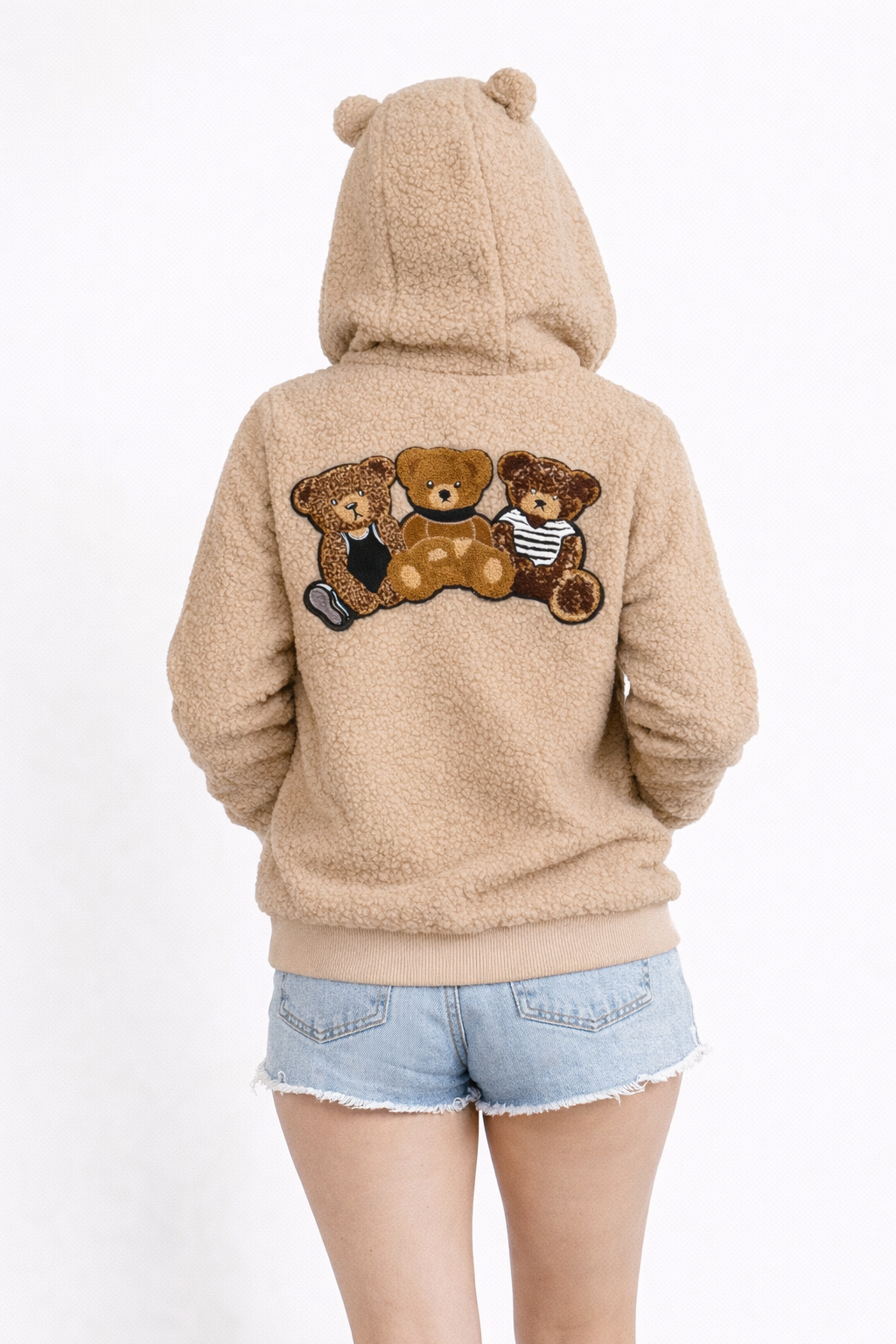 Women’s Teddy Fleece Zip-Up Hoodie with Bear Patch – Cozy Casual Wear