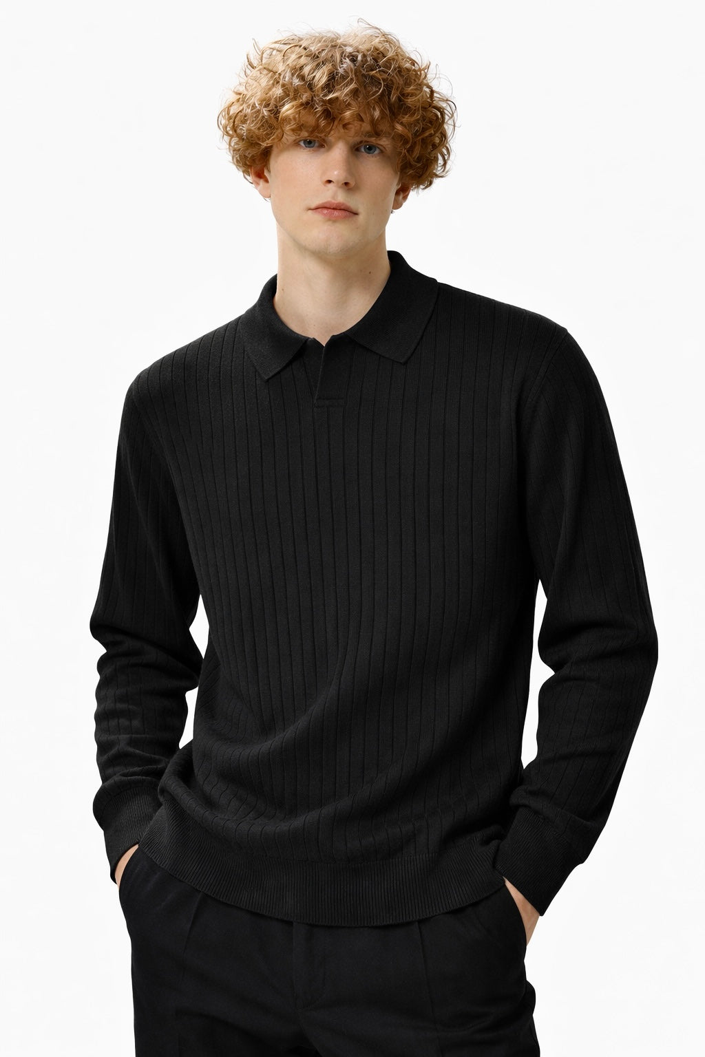 Textured Knitted Long Sleeve Polo Shirt for Men