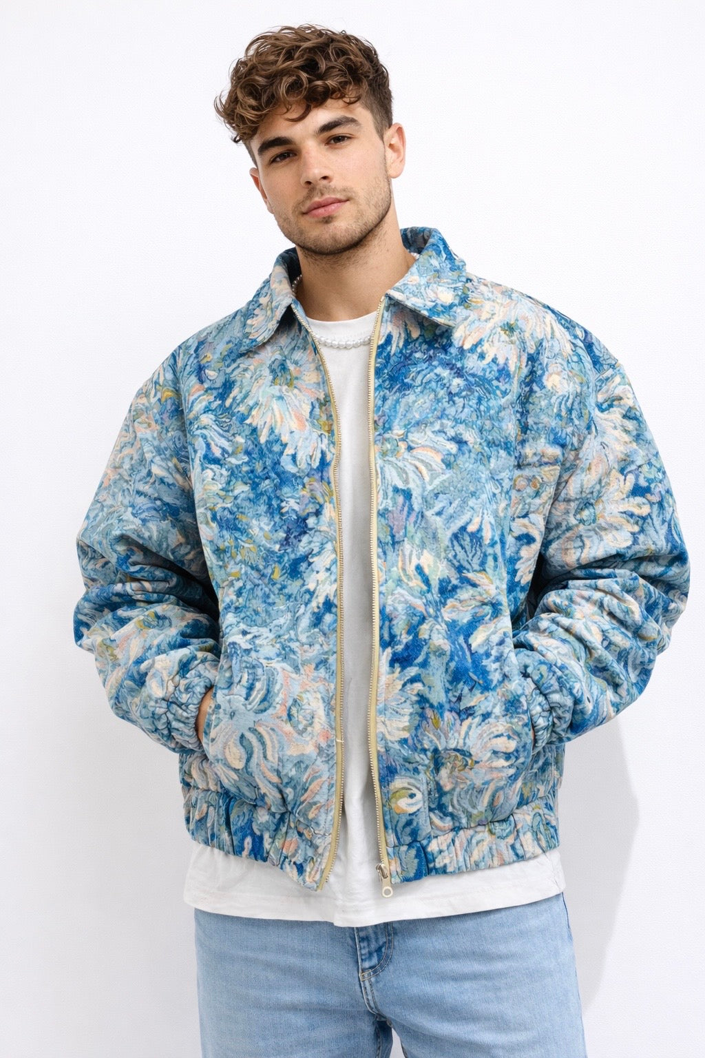 Textured Floral Jacquard Zip-Through Jacket