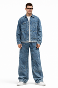 Acid Wash Denim Jacket & Wide-Leg Jeans Co-OAcid Wash Denim Jacket & Wide-Leg Jeans Co-Ord Set for Menrd