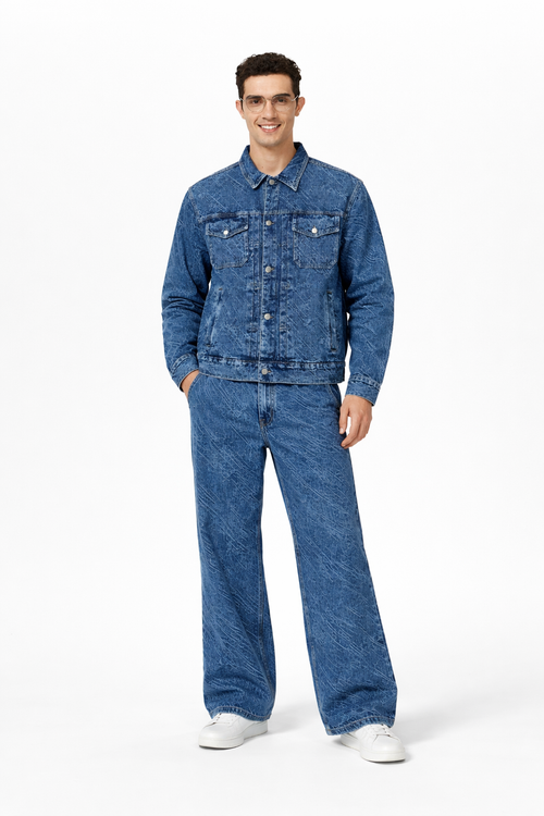Acid Wash Denim Jacket & Wide-Leg Jeans Co-OAcid Wash Denim Jacket & Wide-Leg Jeans Co-Ord Set for Menrd