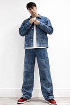 Acid Wash Denim Jacket & Wide-Leg Jeans Co-OAcid Wash Denim Jacket & Wide-Leg Jeans Co-Ord Set for Menrd
