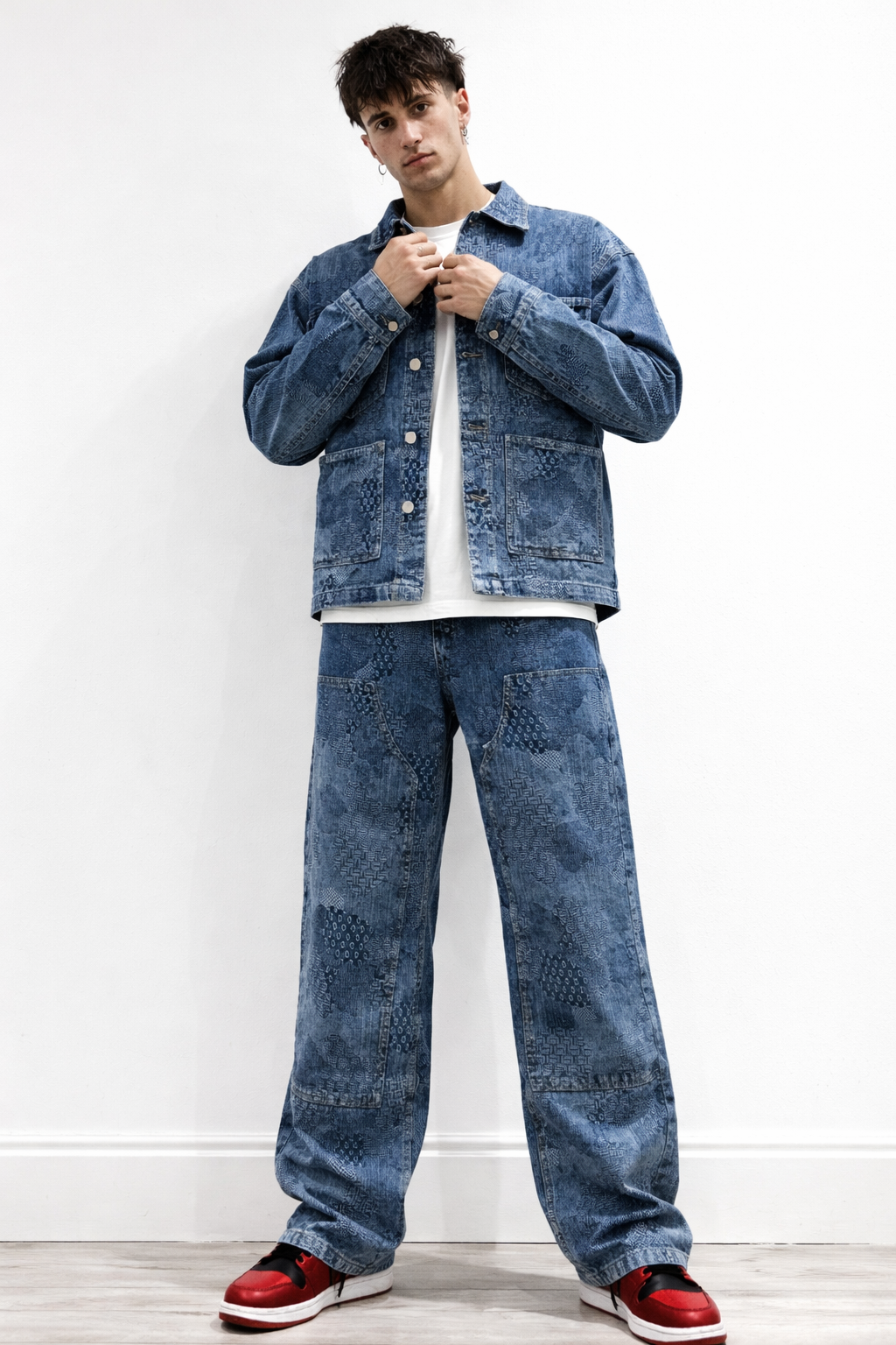 Acid Wash Denim Jacket & Wide-Leg Jeans Co-OAcid Wash Denim Jacket & Wide-Leg Jeans Co-Ord Set for Menrd
