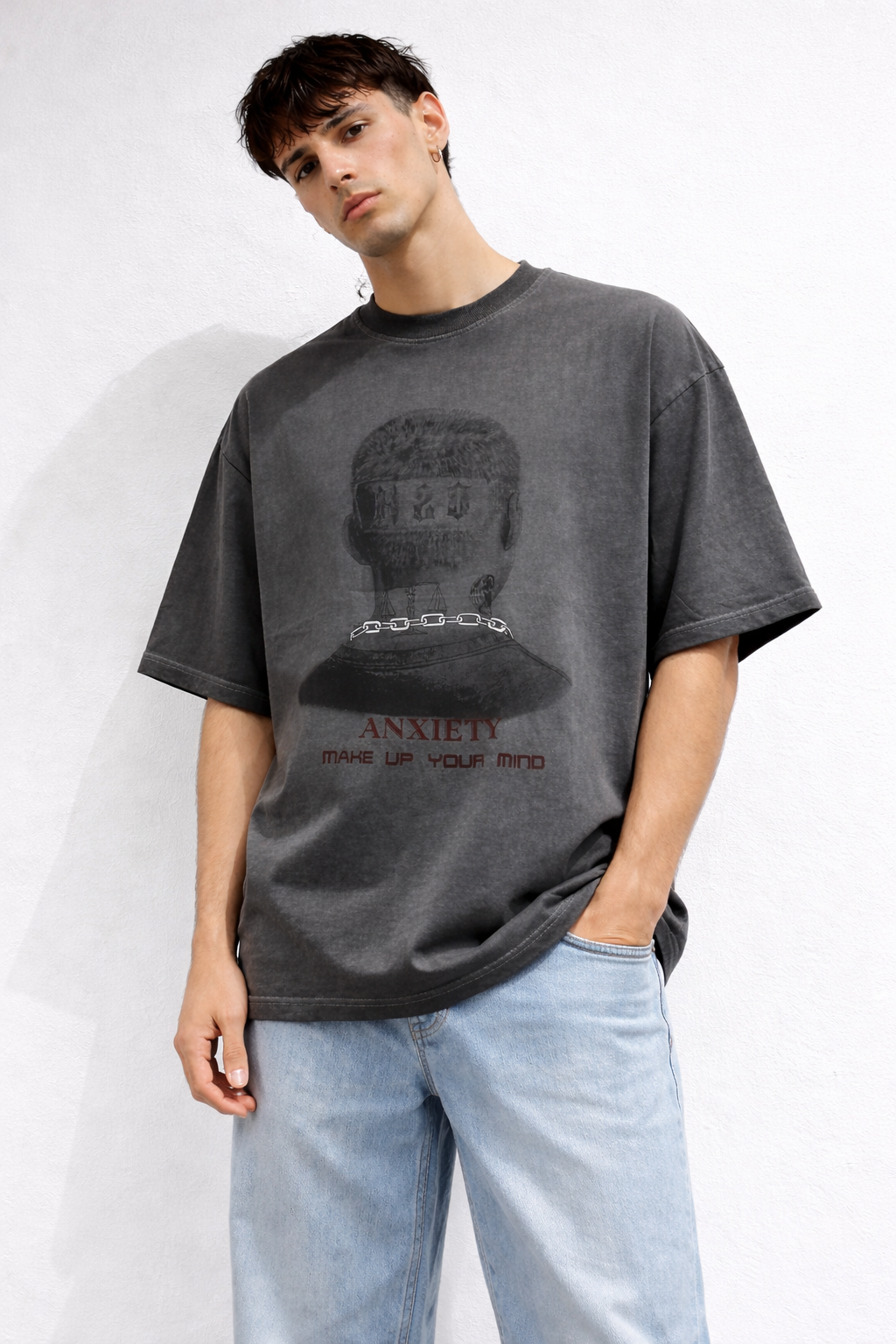 Oversized Acid-Wash Graphic T-Shirt – Charcoal Grey