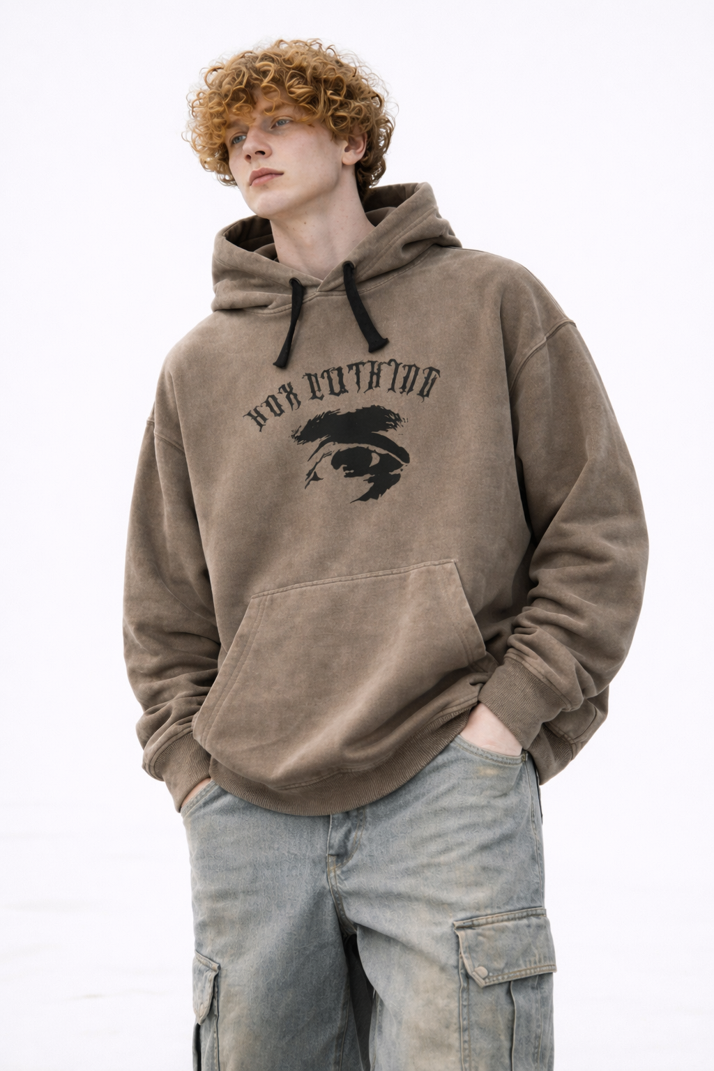 Vintage-Wash Graphic Hoodie – Stone Grey