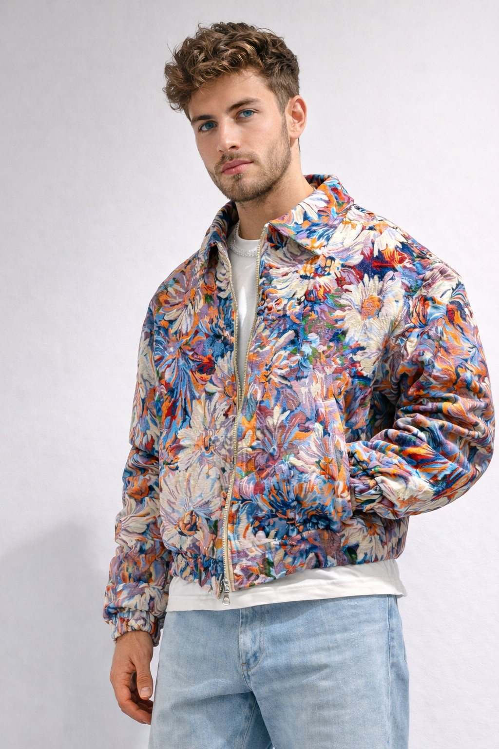 Textured Floral Jacquard Zip-Through Jacket