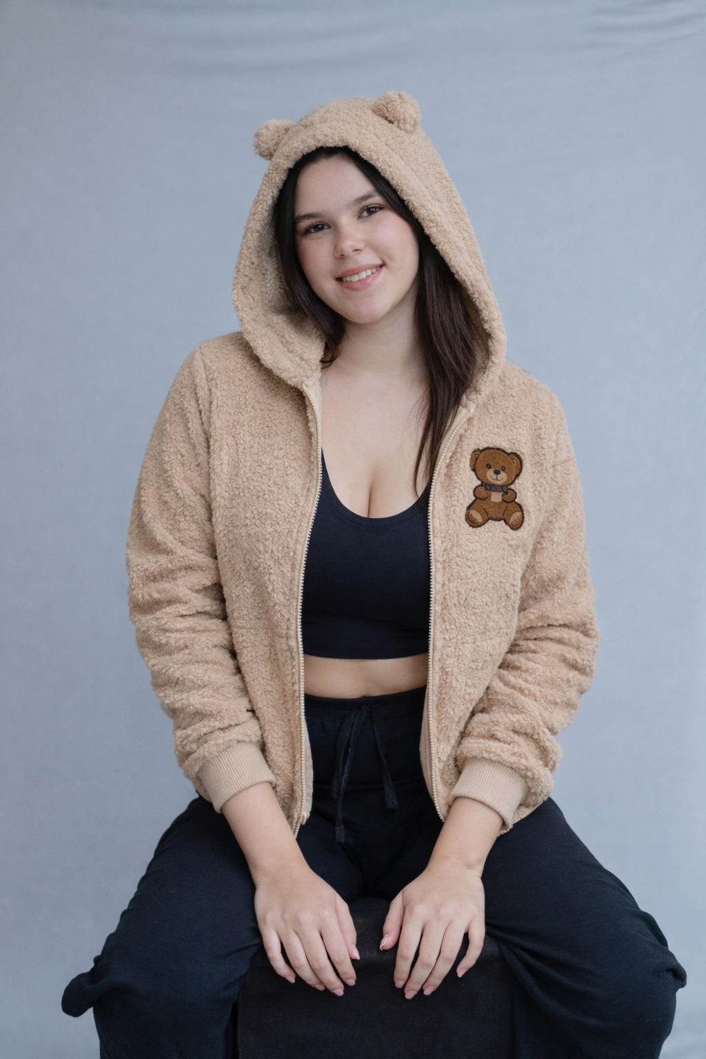 Women’s Teddy Fleece Zip-Up Hoodie with Bear Patch – Cozy Casual Wear
