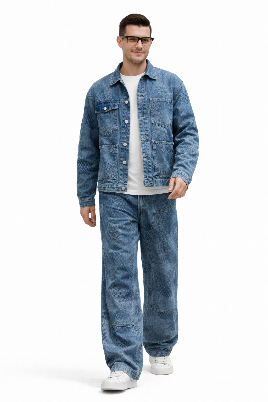 Acid Wash Denim Jacket & Wide-Leg Jeans Co-OAcid Wash Denim Jacket & Wide-Leg Jeans Co-Ord Set for Menrd