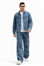 Acid Wash Denim Jacket & Wide-Leg Jeans Co-OAcid Wash Denim Jacket & Wide-Leg Jeans Co-Ord Set for Menrd