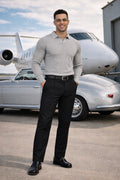 Textured Knit Long Sleeve Polo Shirt for Men