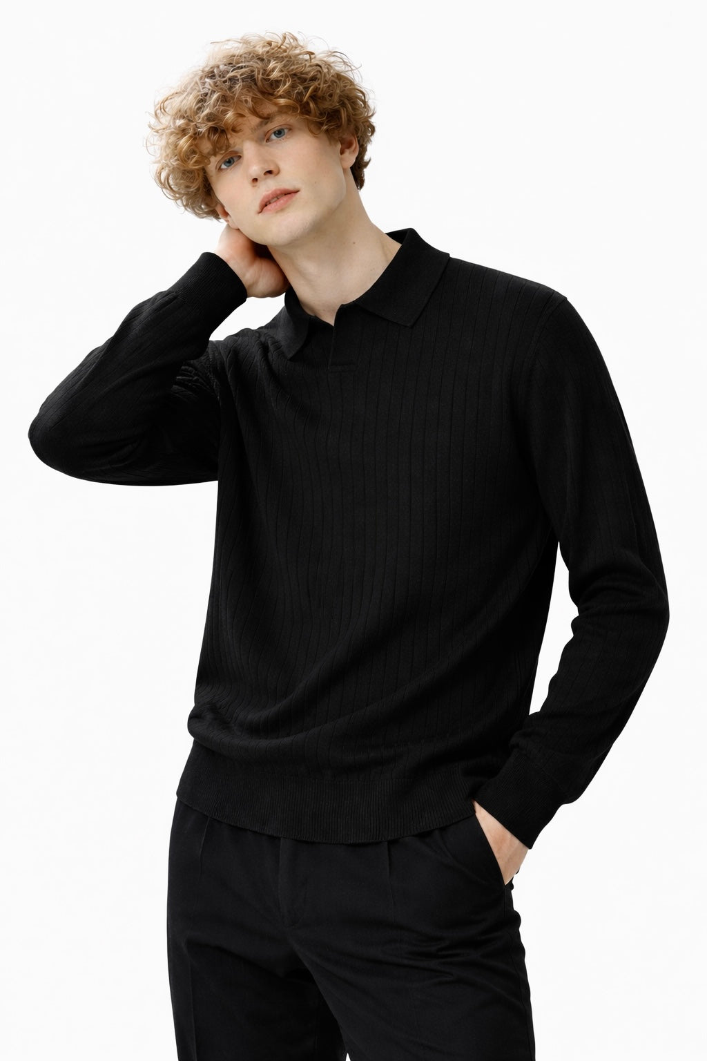 Textured Knitted Long Sleeve Polo Shirt for Men