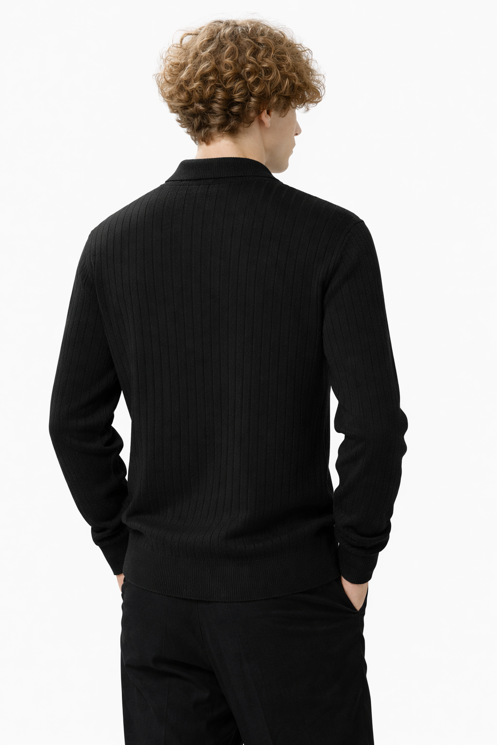 Textured Knitted Long Sleeve Polo Shirt for Men
