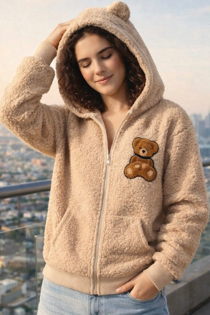 Women’s Teddy Fleece Zip-Up Hoodie with Bear Patch – Cozy Casual Wear